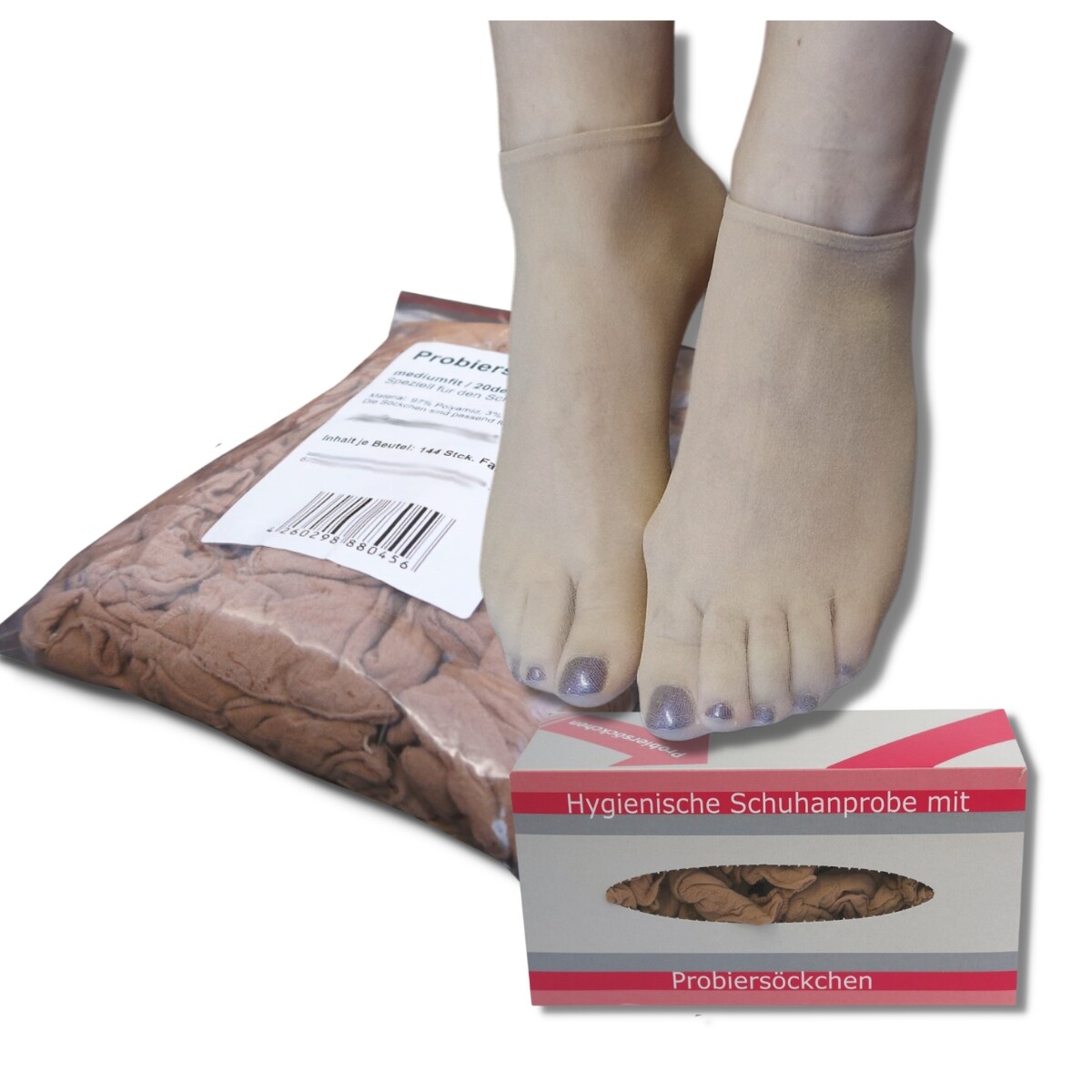 144 Stck. Probierstrümpfe Probiersocken hautfarben mit Spenderbox