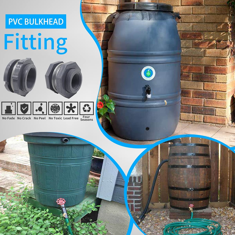 NPT3/4 PVC Bulkhead Fitting, Plastic Pipe Connector for Rain Barrel Garden Hose