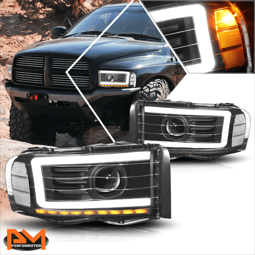 For 02-05 Dodge Ram 1500-3500 LED DRL Bar Projector Headlights/Lamps Black/Clear