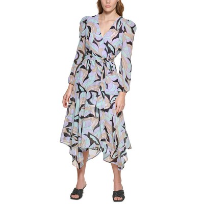 

Calvin Klein Женское фиолетовое клетчатое платье миди с запахом и рукавами 3/4 BHFO 4259, Black/opal