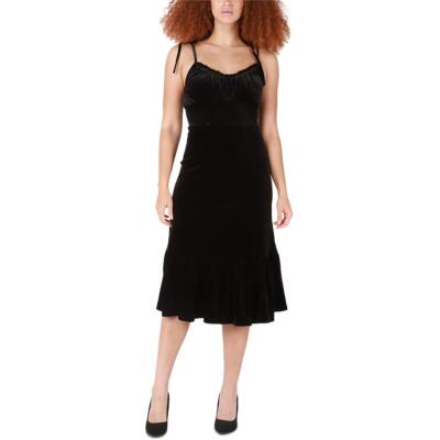 

Black Tape_ Женское бархатное платье миди с рюшами на бретелях BHFO 6032, Jet black