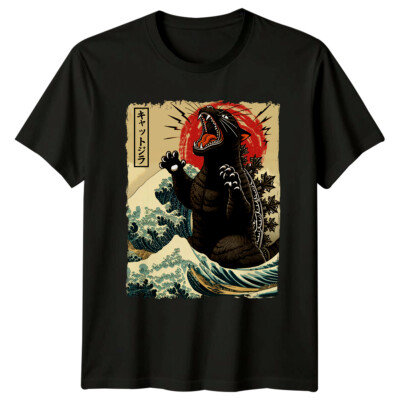 KattJira Catzilla Parody T-Shirt, Funny Cat Wave Japanese