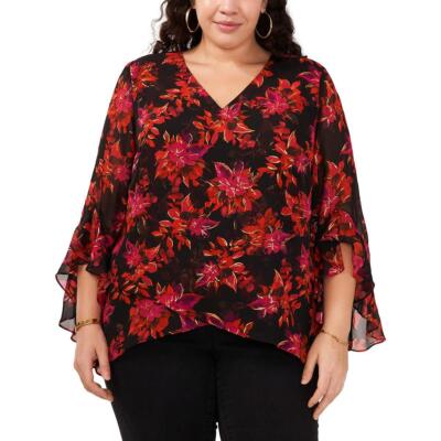 Женская блузка с металлическим V-образным вырезом и принтом флоры Vince Camuto Plus BHFO 9752