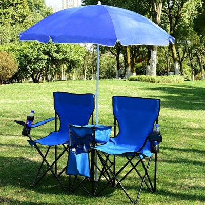 Beach Chair Folding Lightweight Double Camping Picnic Seat with Umbrella, Blue