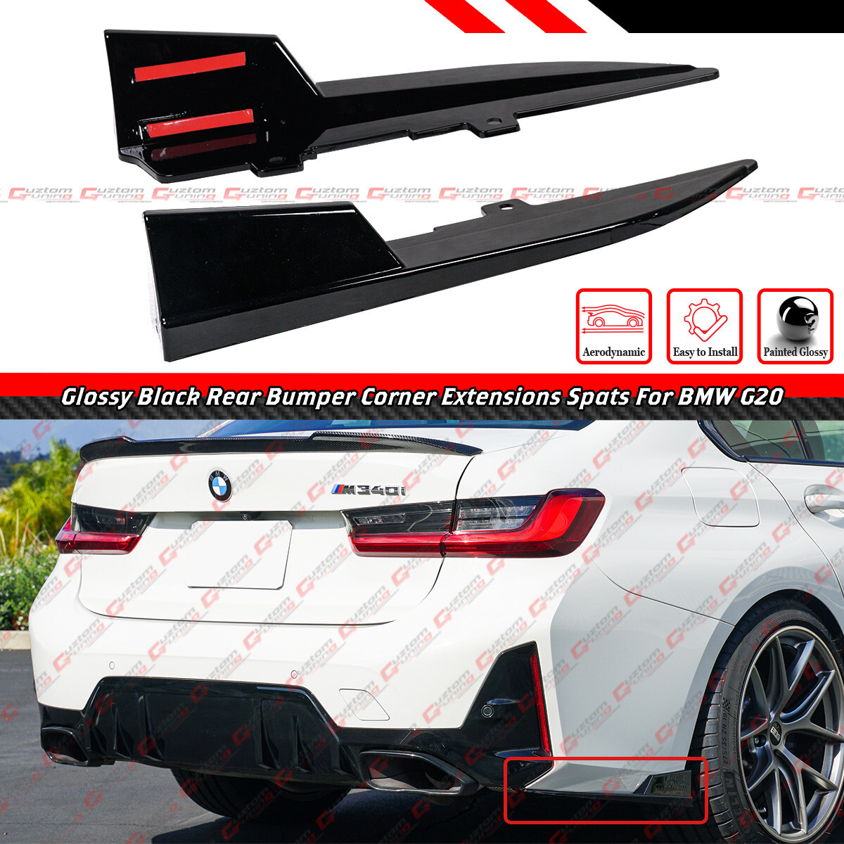 For 2019-26 BMW G20 330i M340i M Sport Gloss Black Rear Bumper Winglet Extension