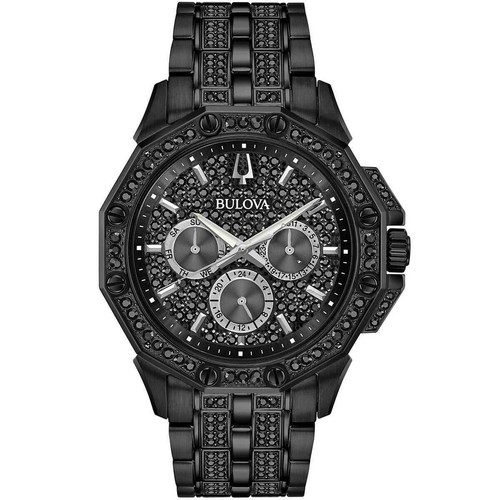 Pre-owned Bulova Men's Watch Octava Black Swarovski Crystal And Steel Bracelet 98c134