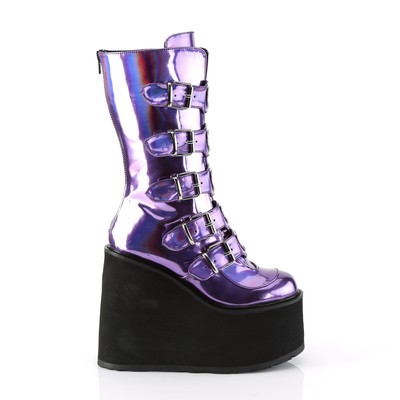 DEMONIA SWING-230 HALBHOHE DEMONIA DAMEN KEILPLATEAU 10 SCHNALLEN STIEFEL LILA HOLOGRAMM