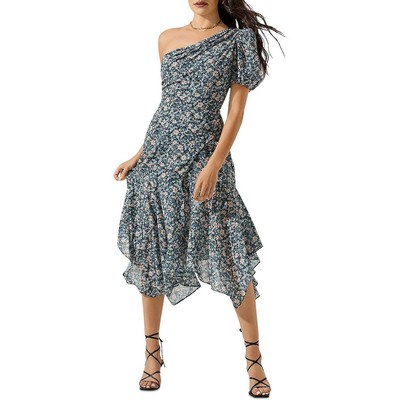 

ASTR The Label Santorini Женское платье миди с цветочным принтом и оборками на одно плечо