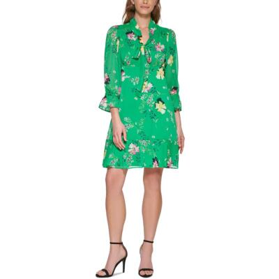 

Женское зеленое шифоновое платье с завязками и расклешенным вырезом DKNY  BHFO 1415, Green multi