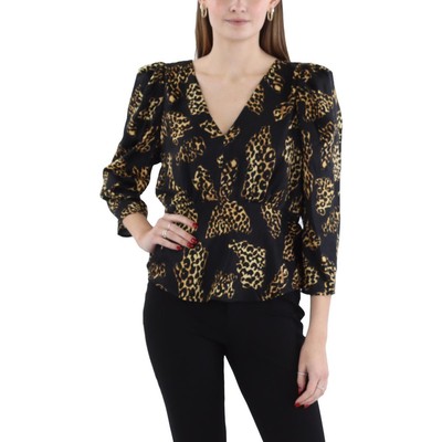 Женская черная атласная блузка-рубашка с баской и животным принтом DKNY, M BHFO 3801