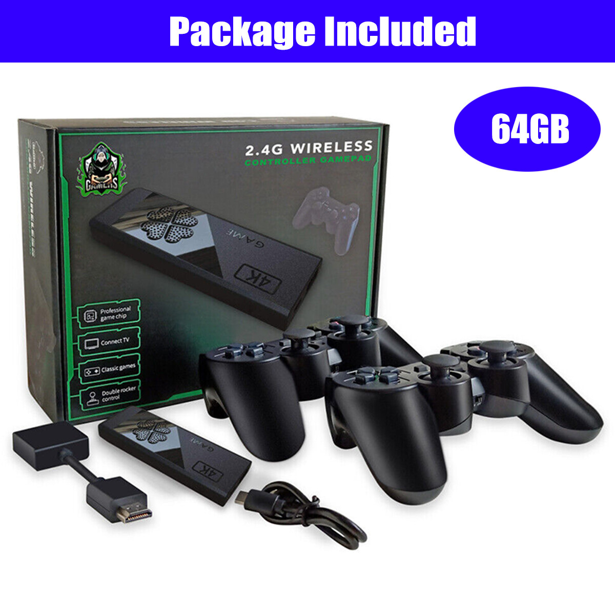 Video Game Console Retro 15000+ Games TV Stick 64G 4K HDMI 2 Wireless Controller