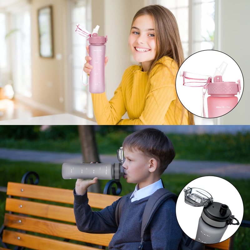 Water Bottle with Straw & Chug Lid for Kids Girls Child, 15 Oz Leak-Proof Bpa-Fr