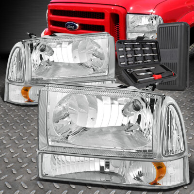 ДЛЯ 99-04 FORD SUPER DUTY ХРОМИРОВАННЫЙ КОРПУС ЯНТАРНЫЕ УГЛОВЫЕ ЛАМПЫ ФАР + НАБОР ИНСТРУМЕНТОВ