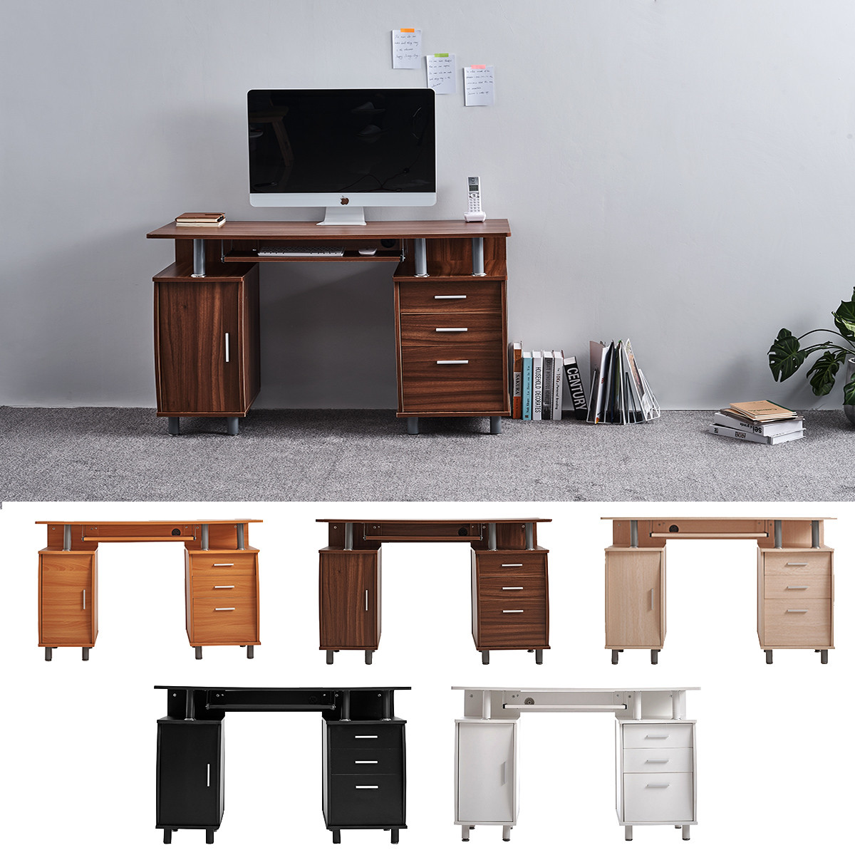 Computer Desk With Cabinet And 3 Drawers For Home Office Laptop Pc