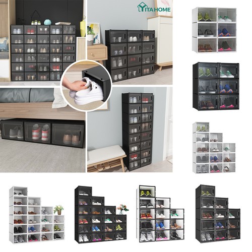 TAUS 6/12/18 PCS Stackable Shoe Box Sneaker Cases Storage Organizer Clear