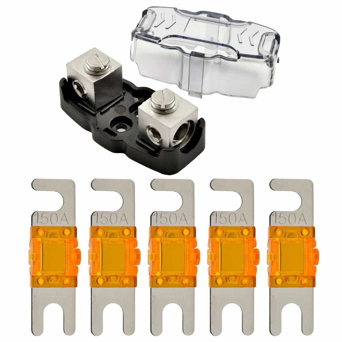 4-8 Gauge Nickel Plated Mini ANL Fuse Holder with 5 Pack 150 Amp MANL Fuse