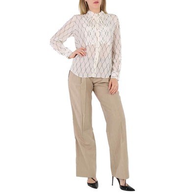 Pre-owned Burberry Net Print Crystal Detail Tie-neck Silk Shirt In White