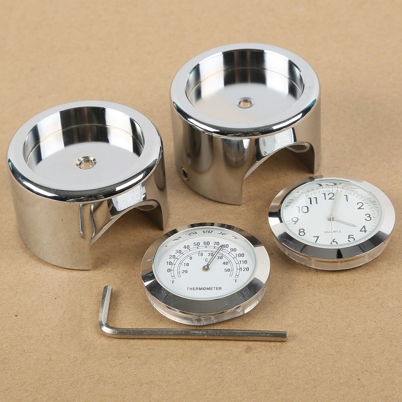 7/8'' 1'' Motorcycle Handlebar Mount White Dial Clock & Thermometer Temp