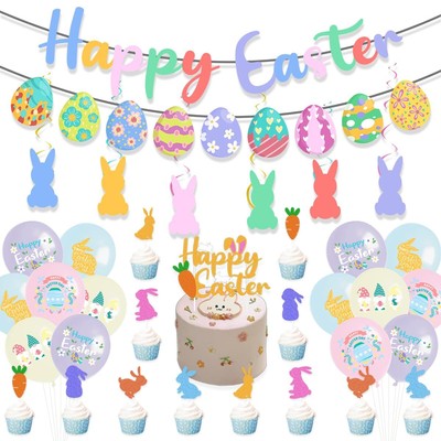 Easter Party Decorations Set - Happy Easter Banner, Balloons, Cake Bunny Supp...