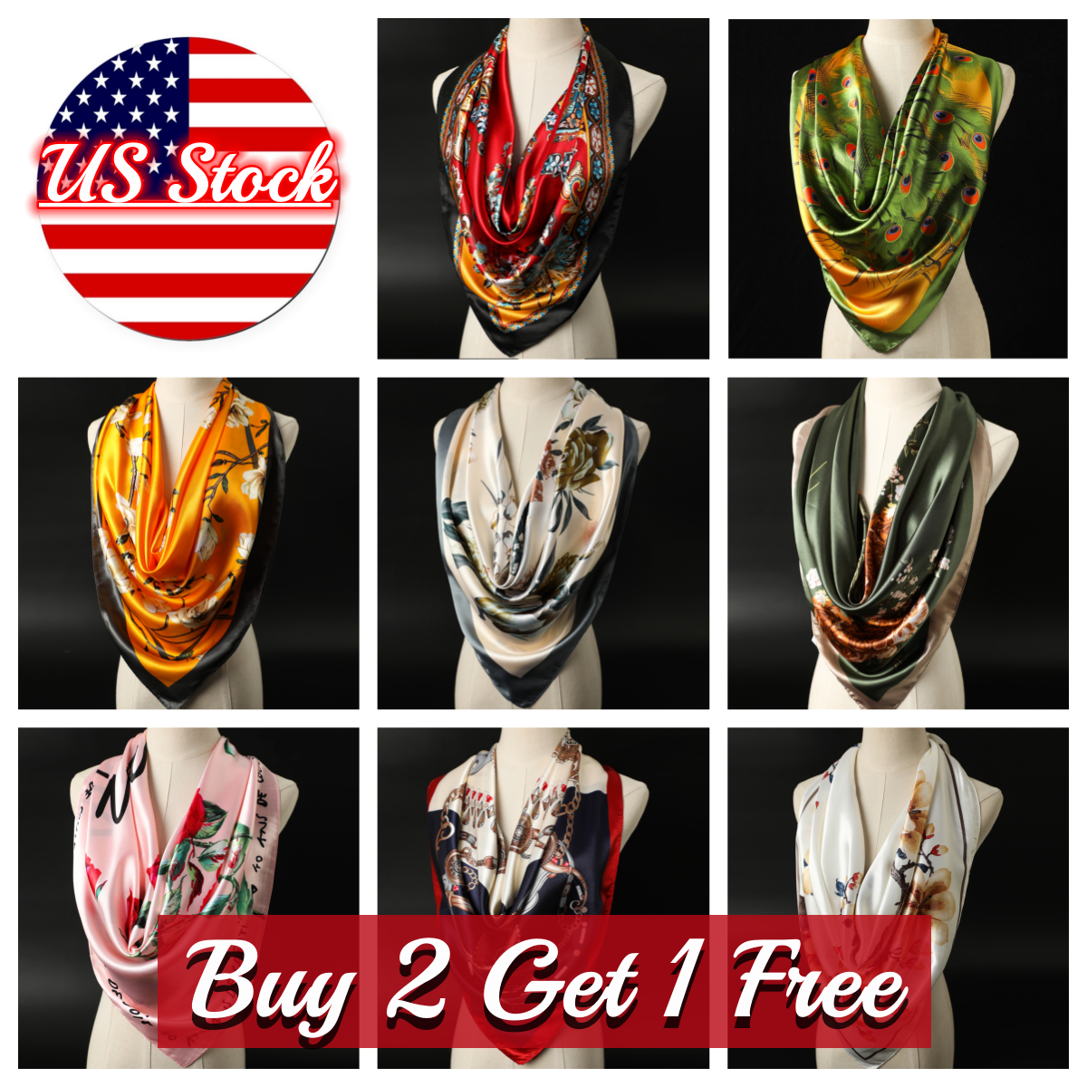 Large Square Silk Like Scarf Bandanna Satin Head Neck Scarf Wrap Shawl 35"x35"