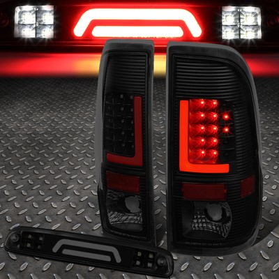 FOR 99-07 FORD SUPER DUTY RED LED L-BAR TAIL+3D THIRD BRAKE/CARGO LIGHT SMOKED