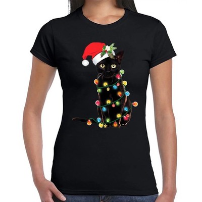 Black Cat Christmas Lights Santa Funny Joke Xmas Party Ladies Tshirt Top Tee