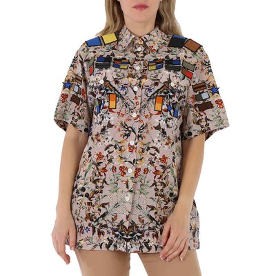 Pre-owned Burberry Badge Appliques Iris Floral-print Silk Crepe De Chine Oversized Shirt, In Beige