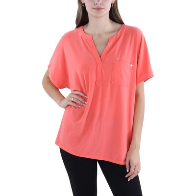 Женская оранжевая рубашка с коротким рукавом и разрезным вырезом Anne Klein Henley Top XL BHFO 4157