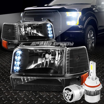 ЧЕРНАЯ СВЕТОДИОДНАЯ ФАРА + ЯНТАРНЫЙ УГОЛОК + БЕЛЫЙ СВЕТОДИОД 9007 HID + ВЕНТИЛЯТОР ДЛЯ 92-96 F150/F250/350