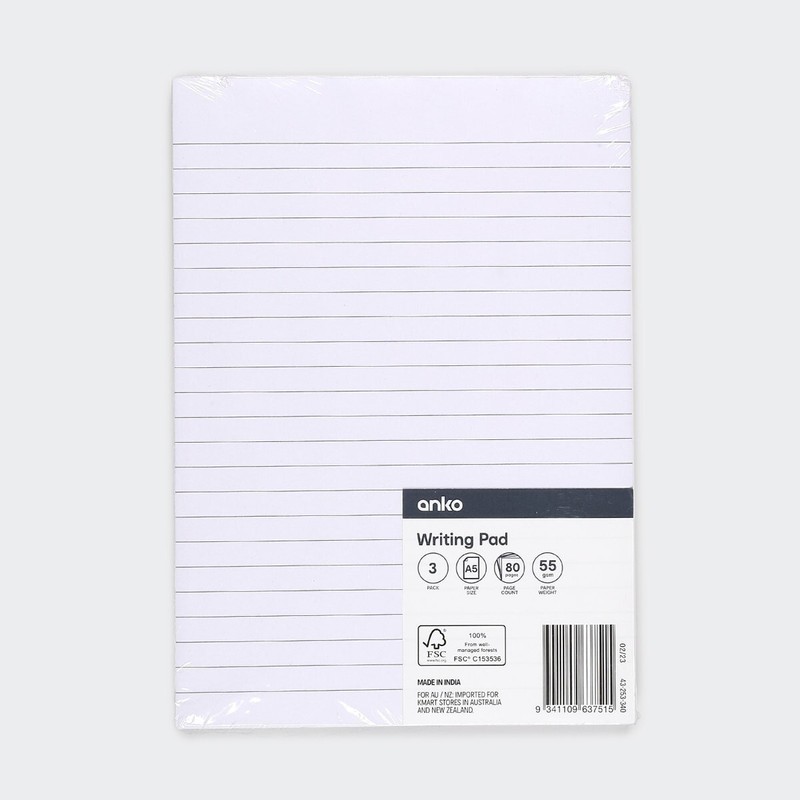 3 Pack Ruled Writing Pads 80 Pages A5 Lined Writing Notepad Office School 55 Gsm