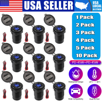 12-24V Quick Charge Dual USB 3.0 Port PD 45W Car Charger Socket w/ Voltmeter Lot
