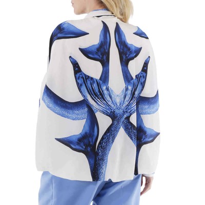 Pre-owned Burberry Ladies Mermaid Tail Print Tie-neck Cape Detail Blouse In Blue