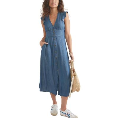 Marine Layer Womens Blue V-Neck Medium Wash Denim Midi Dress L BHFO 4319