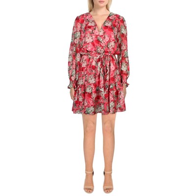 Gabby Skye Womens Pink Chiffon Floral Surplice Fit & Flare Dress 16 BHFO 2358