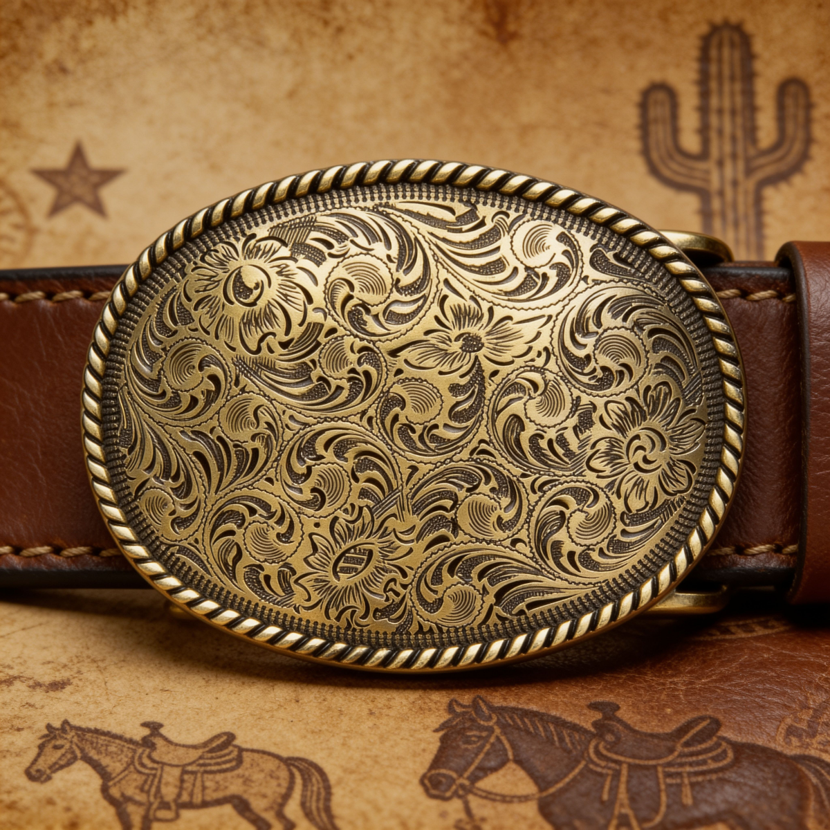 Antique Gold Tone Western Belt Buckle Oval Floral Engraved Cowboy Rope Edge Rode