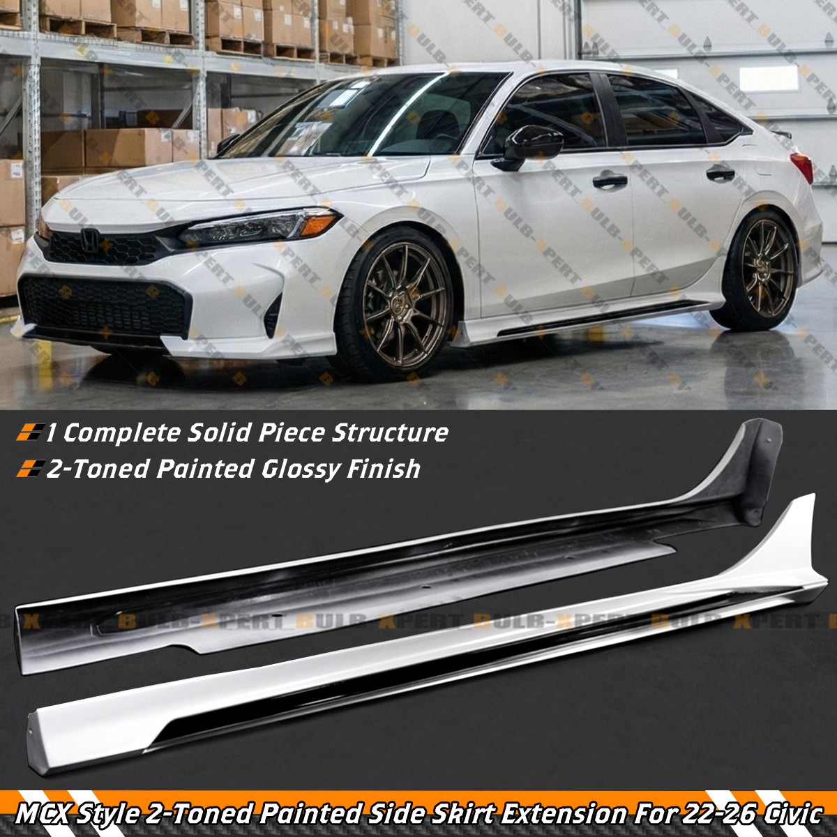 For 2022-26 Honda Civic MCX Style Pearl White Black 2 Tone Side Skirt Extension