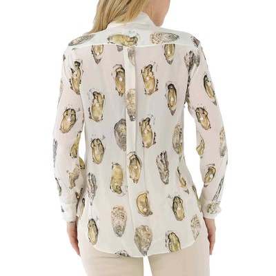 Pre-owned Burberry Ladies Oyster- Print Pearl- Embellished Shirt In White