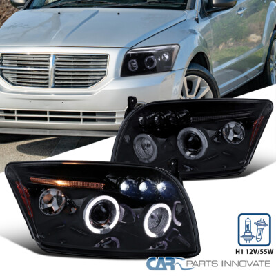 Fits 07-12 Dodge Caliber LED Halo Glossy Black Projector Headlights Smoke Lamps