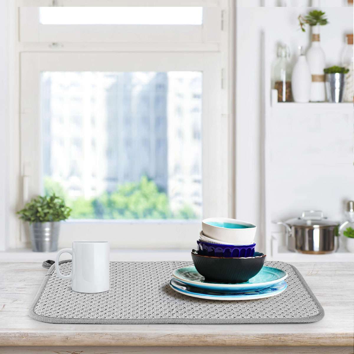 Dish Drying Mat, Microfiber Dish Draining Mat for Kitchen Countertop-Grey