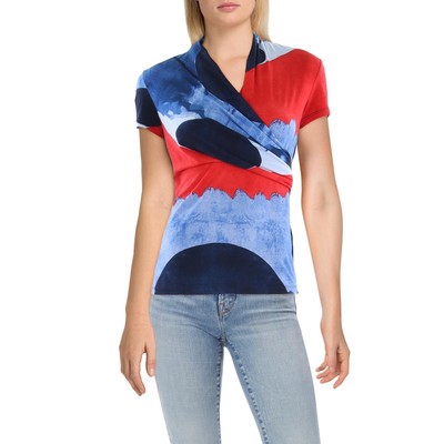 DKNY Womens Blue Printed Faux Wrap Top Blouse Shirt XS BHFO 6894