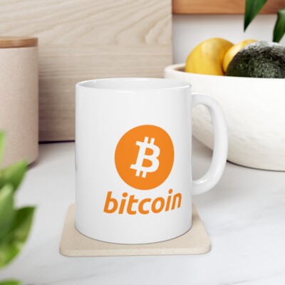 Bitcoin BTC White Ceramic Coffee Mug, 11oz. | Crypto