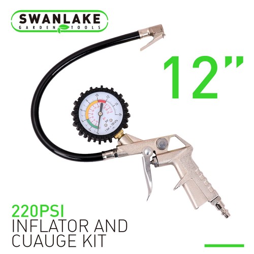 Dial Tire Inflator Gauge Flexible Hose 220 PSI Pistol Style Air Chuck Pneumatic