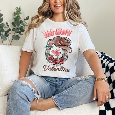 Howdy Valentine Womens Ring-Spun T-Shirt Western Valentines Day Gift For Her