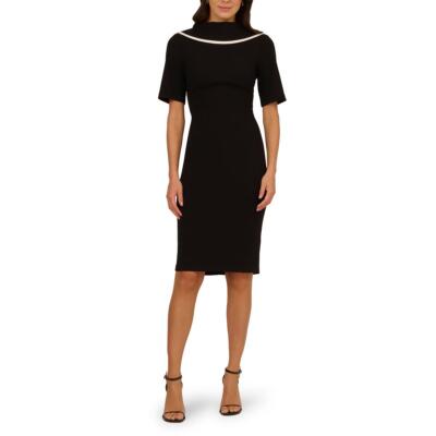 Adrianna Papell Womens Black-Ivory Crepe Roll Neck Sheath Dress 16 BHFO 8601