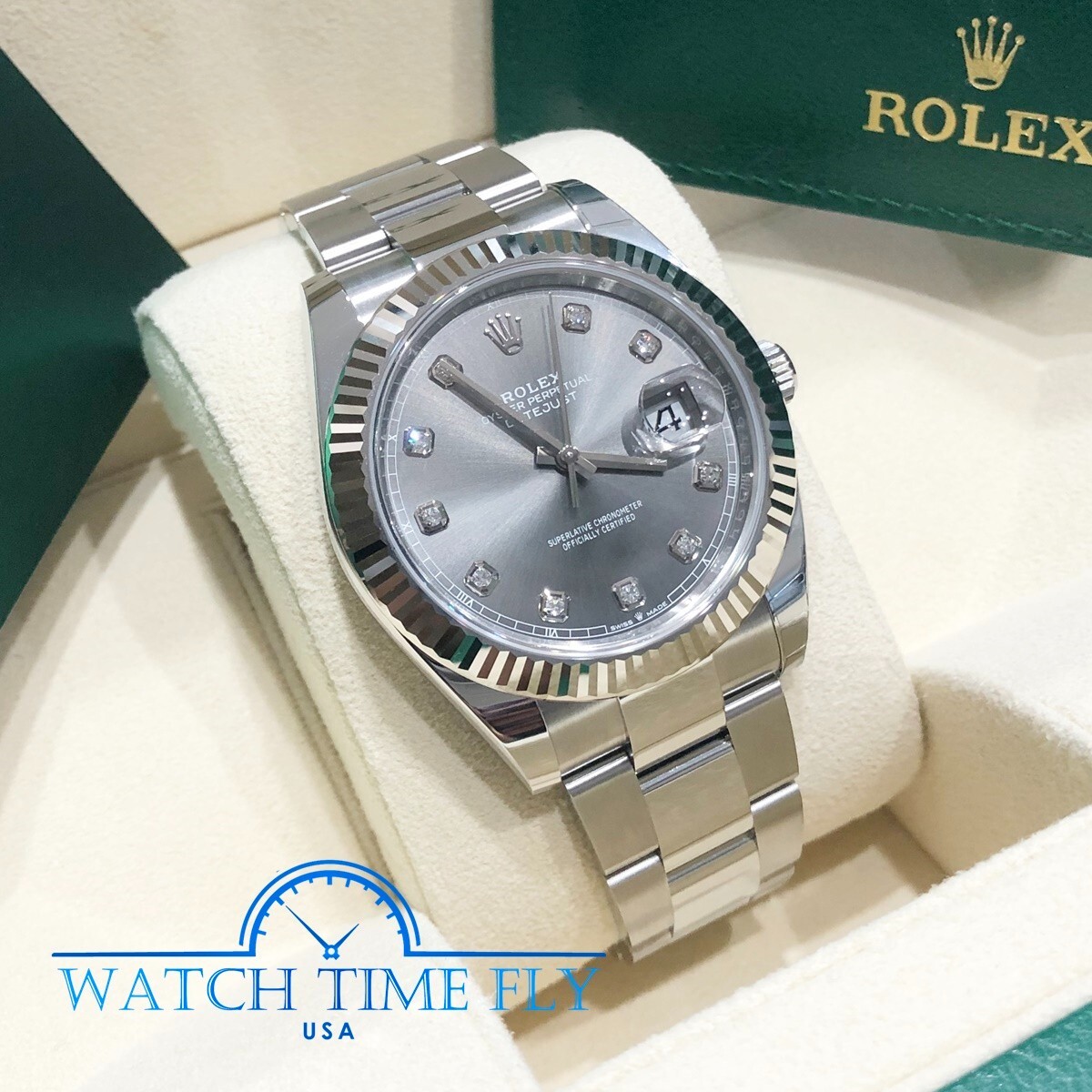 Pre-owned Rolex 126334 Datejust 41mm Fluted Bezel Rhodium Diamond Dial Oyster Bracelet