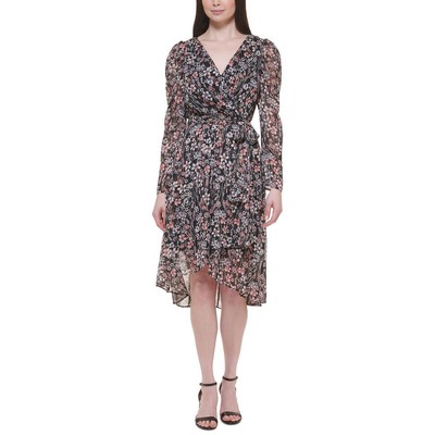 Женское черное шифоновое платье миди с цветочным рисунком от Tommy Hilfiger Petites 2P BHFO 9178