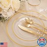 SUT 150 PCS Gold Plastic Dinnerware Set, Clear Gold Party Pack with Cups, Includes: 25 Dinner Plates, 25 Dessert Plates, 25 Cutlery, 25 Cups, Perfect for Wedding and Shower