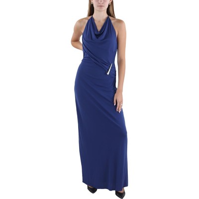 Длинное официальное вечернее платье Halston Womens Christina Blue на бретелях 10 BHFO 0633