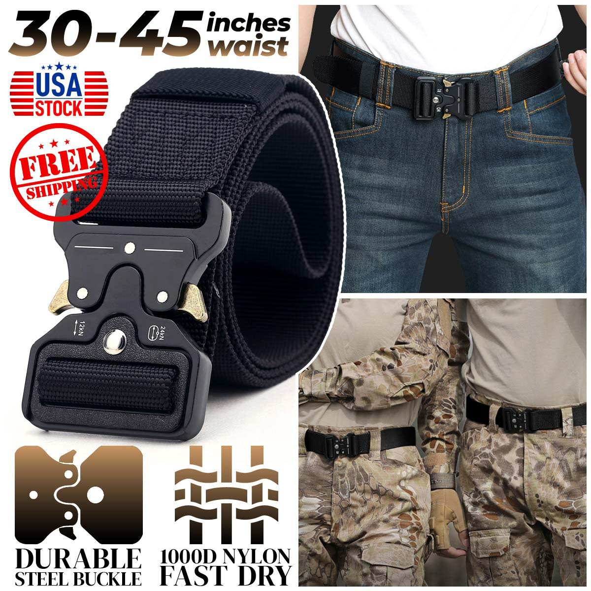 Tactical Waist Belt Include Metal Buckle Black 30-45 Inch Black