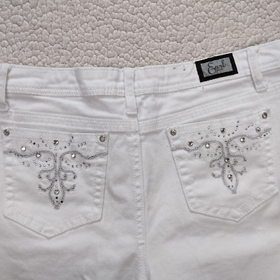 Earl Rhinestone Pocket Womens 12 White Jean Mid Rise Embroider Silver Stitch
